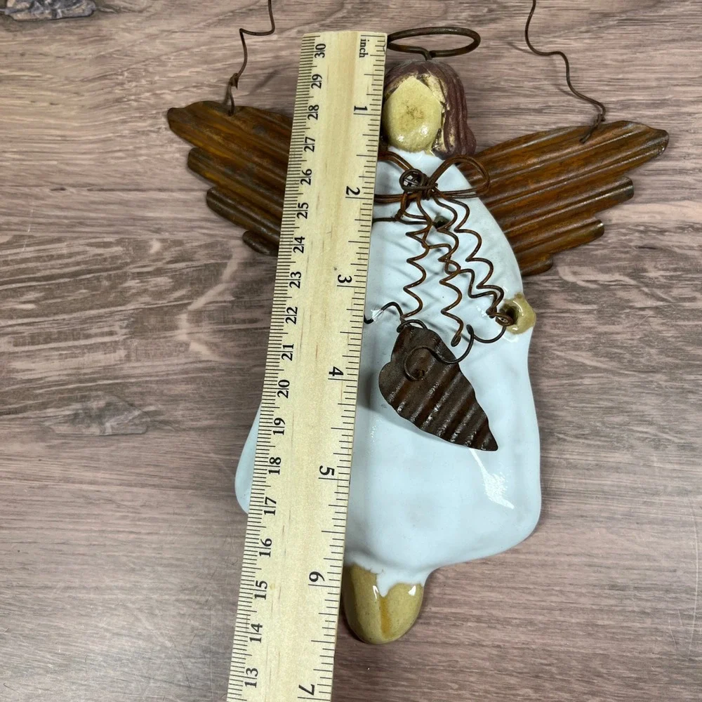 Angel Wall Hanging Ceramic Metal Wire Home Decor White Brown Rustic Primitive